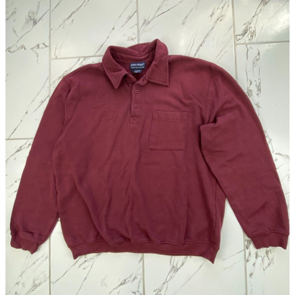 John Blair Mens Large Maroon Burgundy Fleece Long Sleeve Button Polo Sweatshirt